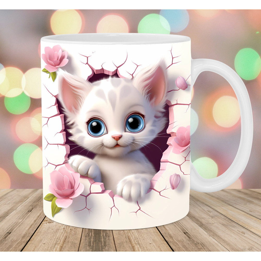 3D Kitten Mug Wrap, 11oz & 15oz Mug Template, Pink Flowers Mug Sublimation Design, Hole In A Wall Mug Template, Instant Digital Download PNG.jpg