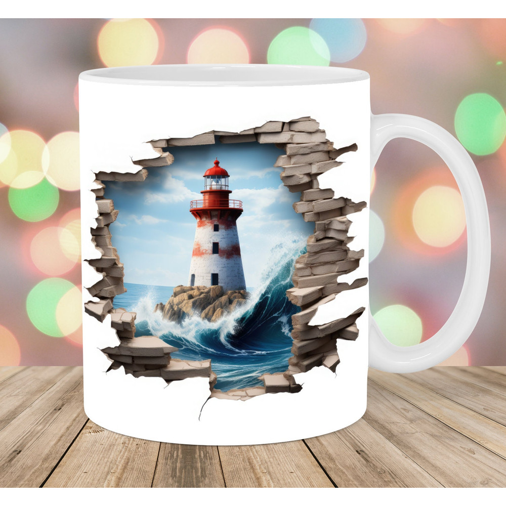 3D Lighthouse Hole In A Wall Mug Wrap, 11oz & 15oz Mug Template, Mug Sublimation Design, Mug Wrap Template, Instant Digital Download PNG.jpg