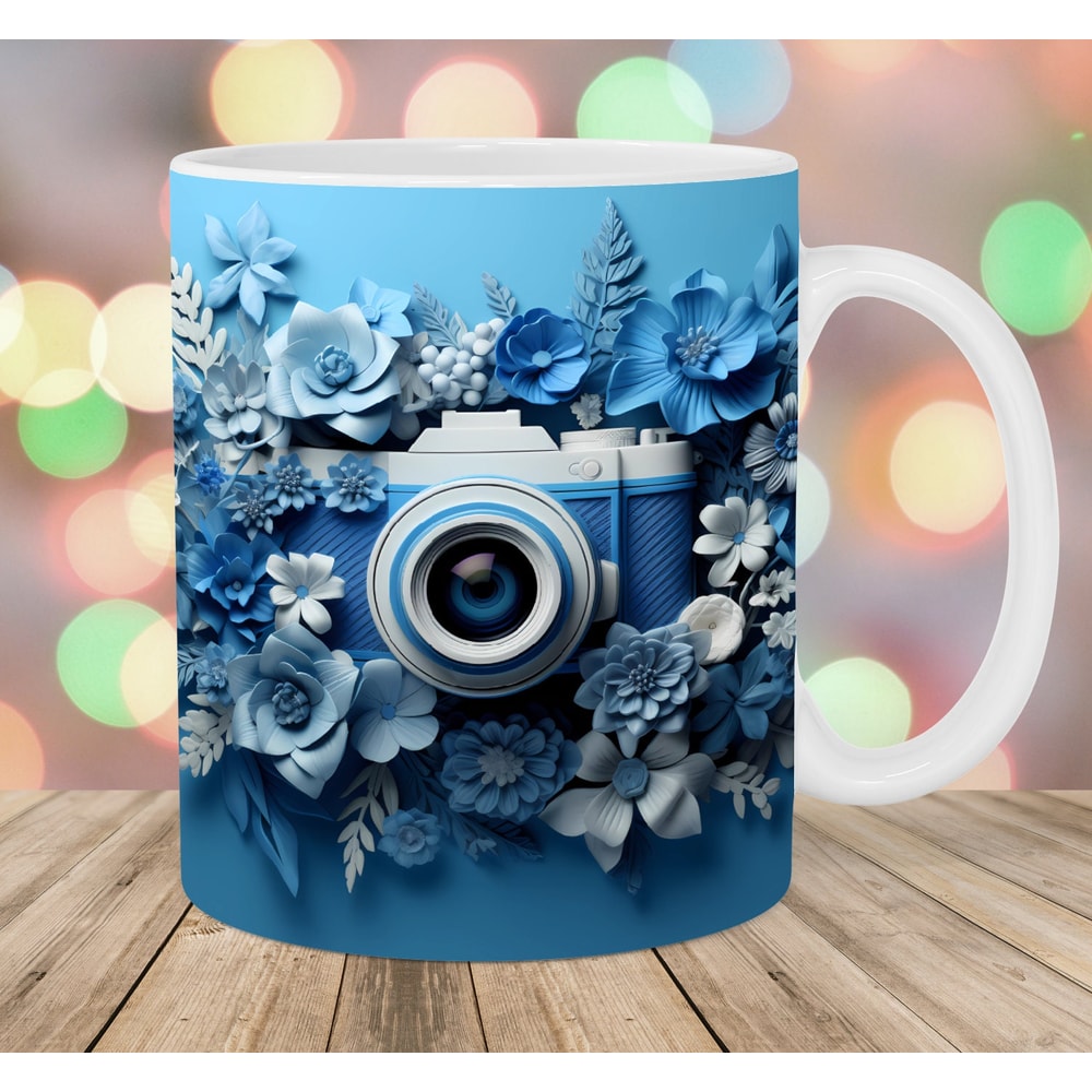 3D Photo Camera Mug Wrap, 11oz And 15oz Mug Template, Mug Sublimation Design, Flowers Mug Wrap Template, Instant Digital Download PNG.jpg