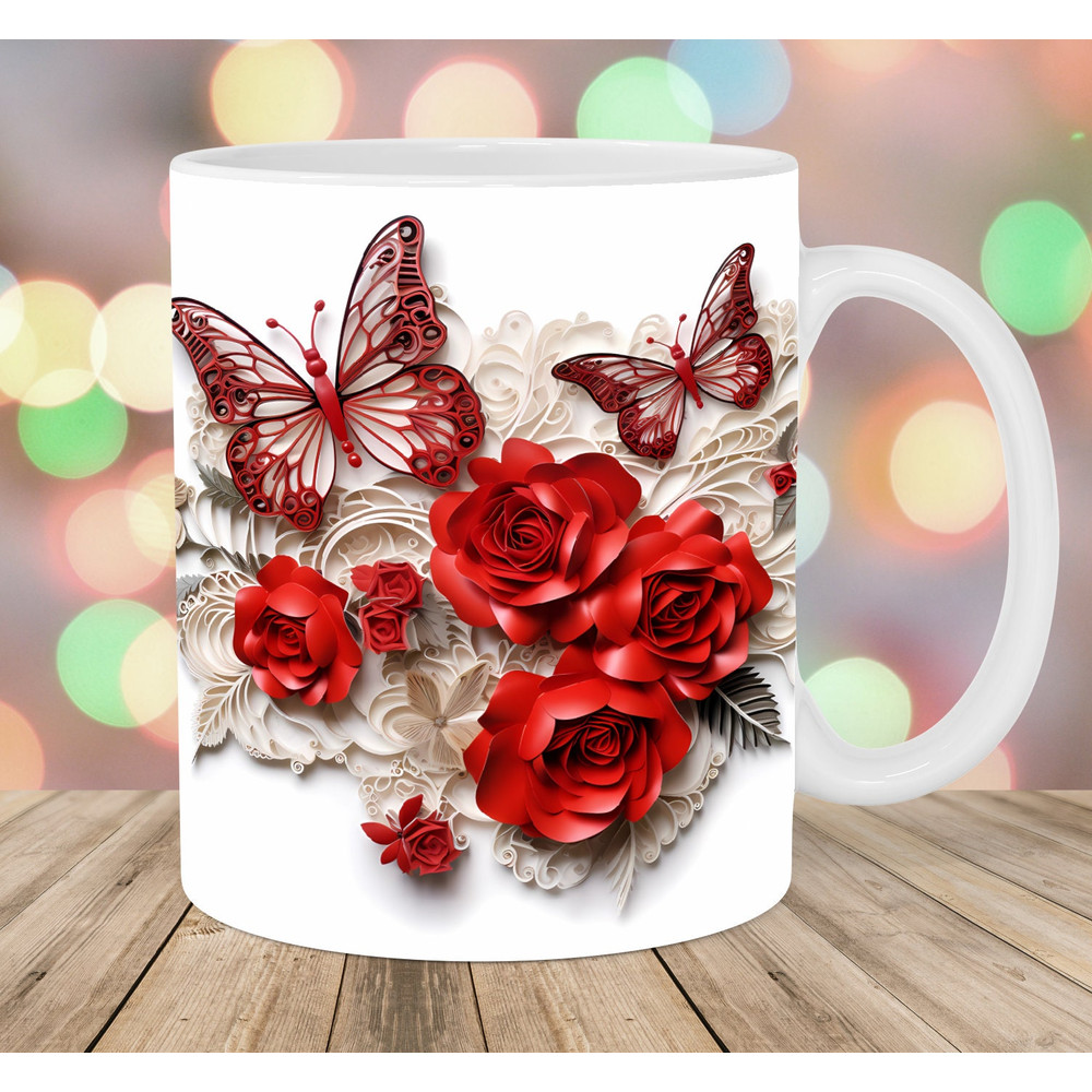 3D Red Butterflies Mug Wrap, 11oz & 15oz Mug Template, Mug Sublimation Design, Roses Mug Wrap Template, Instant Digital Download PNG.jpg