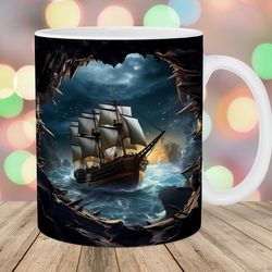 3d ship hole in a wall mug, 11oz and 15oz mug, mug sublimation design,