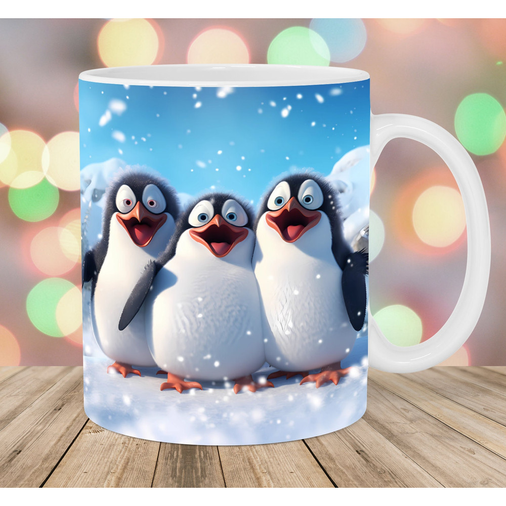 3D Three Penguins Mug Wrap, 11oz & 15oz Mug Template, Snow Mug Sublimation Design, Christmas Mug Wrap Template, Instant Digital Download PNG.jpg