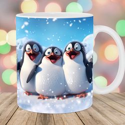 3d three penguins mug, 11oz & 15oz mug, snow mug sublimation design, christmas