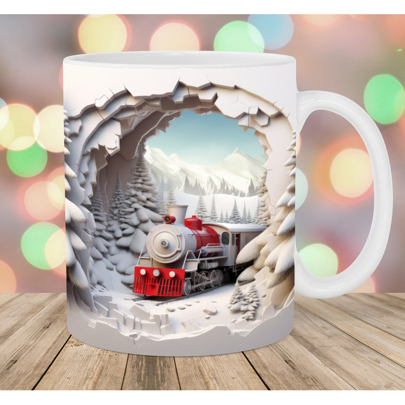 3D Train Hole In A Wall Mug Wrap, 11oz & 15oz Mug Template, Mug Sublimation Design, Winter Mug Wrap Template, Instant Digital Download PNG.jpg