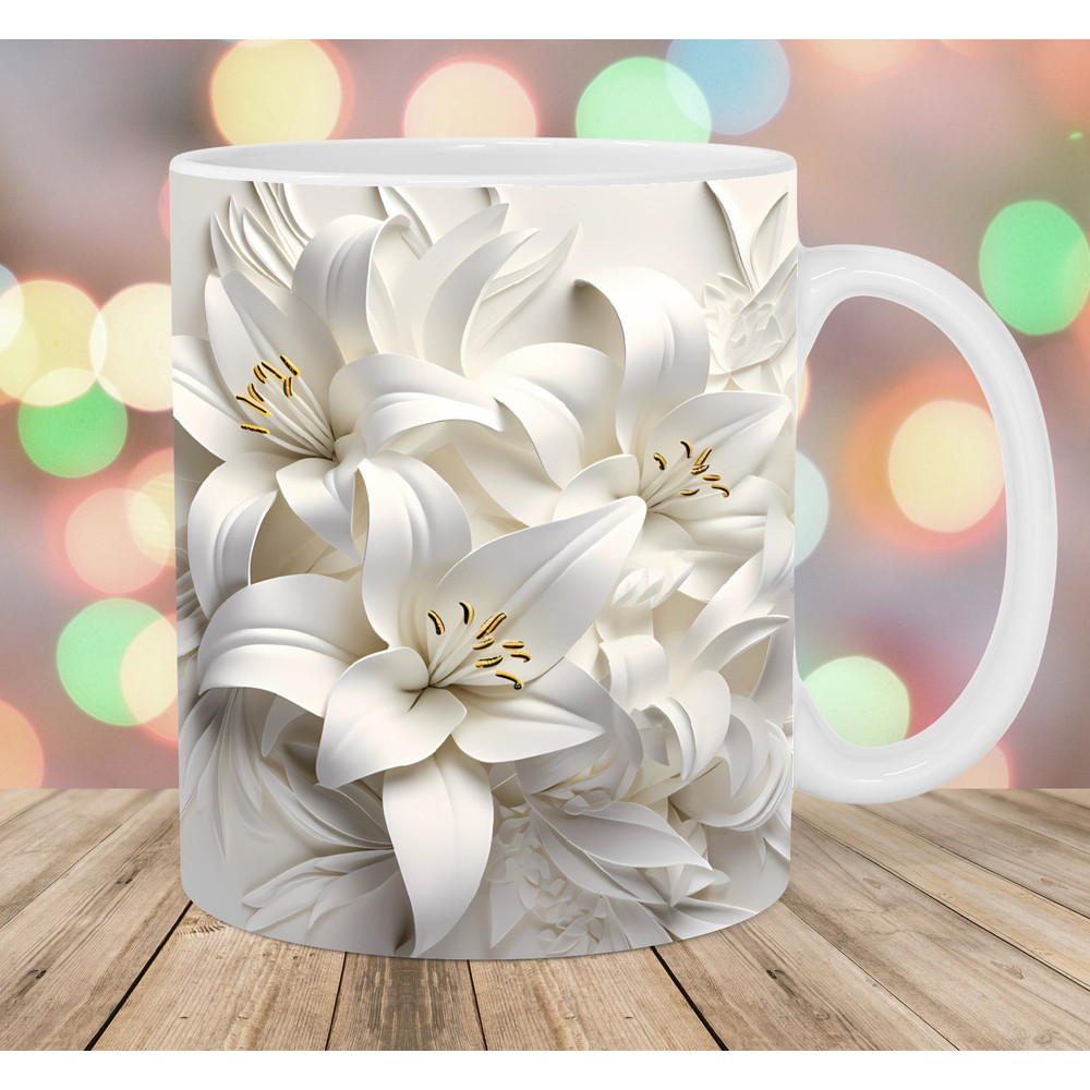 3D White Lilies Flowers Mug Wrap, 11oz And 15oz Mug Template, Mug Sublimation Design, Mug Wrap Template, Instant Digital Download PNG.jpg