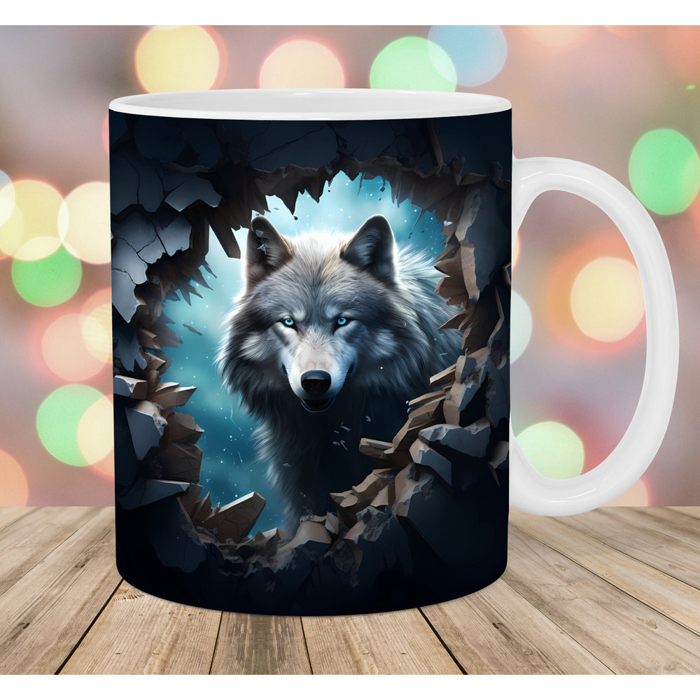 3D Wolf Hole In A Wall Mug Wrap, 11oz & 15oz Mug Template, Mug Sublimation Design, Night Mug Wrap Template, Instant Digital Download PNG.jpg