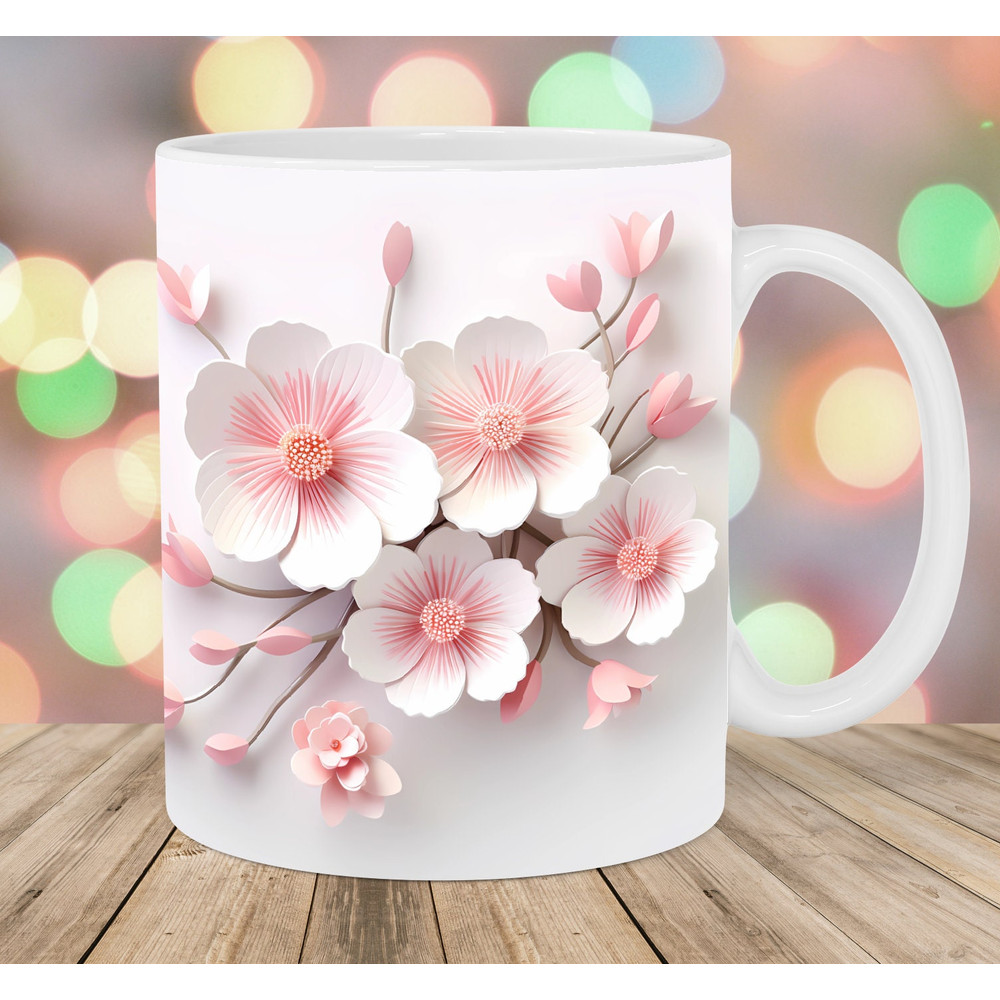 3D White Pink Flowers Mug Wrap, 11oz & 15oz Mug Template, Mug Sublimation Design, Botanical Mug Wrap Template, Instant Digital Download PNG.jpg