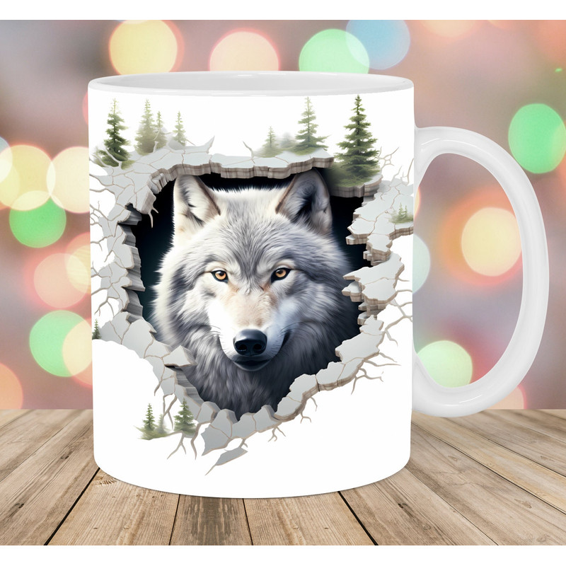 3D Wolf Hole In A Wall Mug Wrap, 11oz And 15oz Mug Template, Mug Sublimation Design, Forest Mug Wrap Template, Instant Digital Download PNG.jpg
