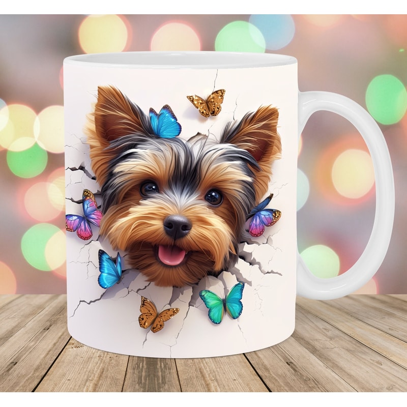3D Yorkshire Terrier Hole In A Wall Mug Wrap, 11oz And 15oz Mug Template, Butterfly Mug Sublimation Design, Instant Digital Download PNG.jpg