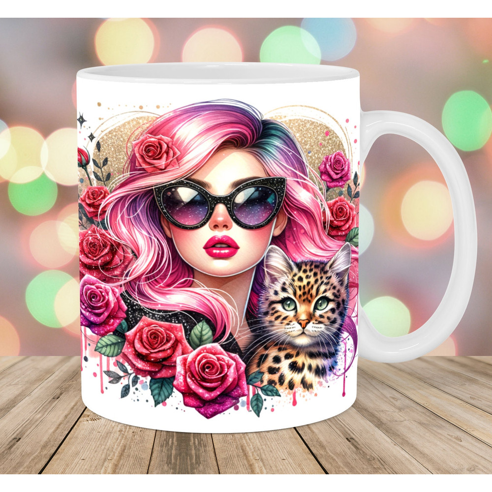 Aesthetic Girl Mug Wrap, 11oz And 15oz Mug Template, Leopard Cat Mug Sublimation Design, Rose Mug Template, Instant Digital Download PNG.jpg