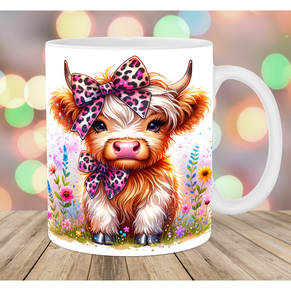 Baby Highland Cow Mug Wrap, 11oz & 15oz Mug Template, Leopard Bow Mug Sublimation Design, Mug Wrap Template, Instant Digital Download PNG.jpg