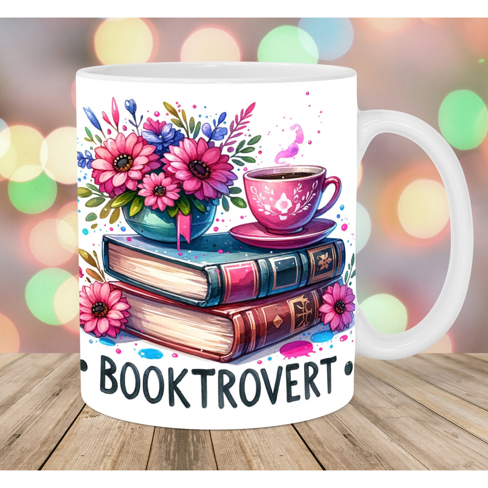Booktrovert Mug Wrap, 11oz & 15oz Mug Template, Book Mug Sublimation Design, Flower Mug Wrap Template, Instant Digital Download PNG.jpg