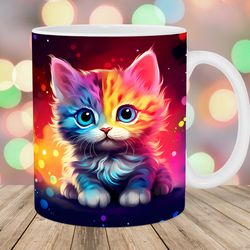 colorful neon kitten mug, 11oz and 15oz mug, mug sublimation design,