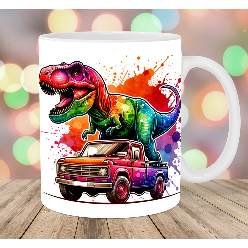 Colorful T-Rex On The Car Mug Wrap, 11oz And 15oz Mug Template, Mug Sublimation Design, Dinosaur Mug Template, Instant Digital Download PNG.jpg