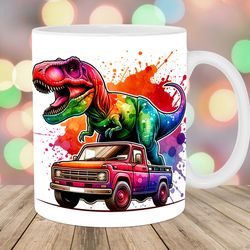 colorful t-rex on the car mug, 11oz and 15oz mug, mug sublimation design, dinosaur mug