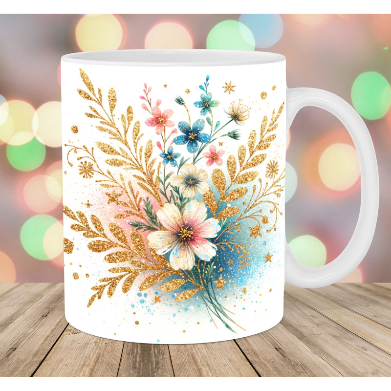 Gold Glitter Wild Flowers Mug Wrap, 11oz And 15oz Mug Template, Mug Sublimation Design, Mug Wrap Template, Instant Digital Download PNG.jpg