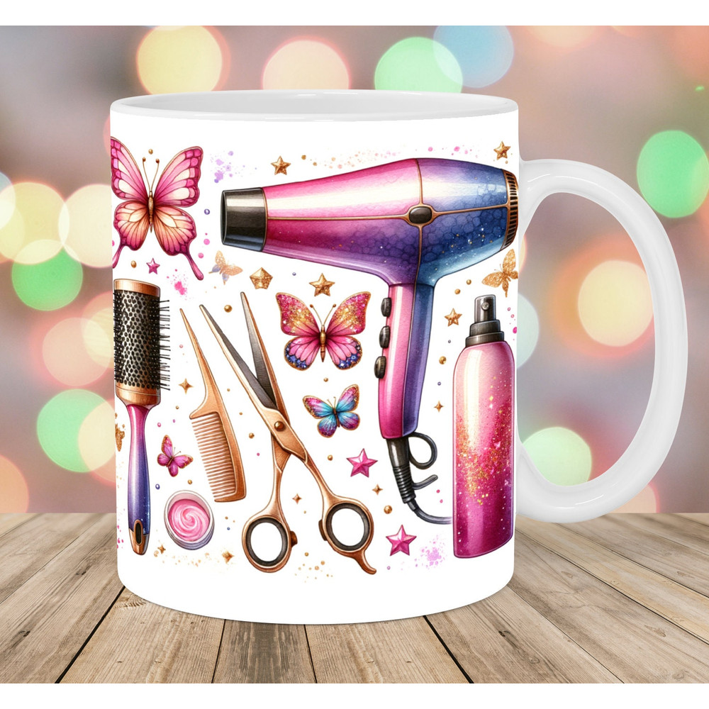 Hairdresser Mug Wrap, 11oz & 15oz Mug Template, Pink Butterflies Mug Sublimation Design, Mug Wrap Template, Instant Digital Download PNG.jpg