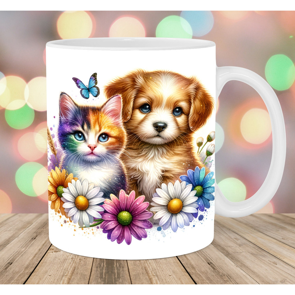Kitten And Puppy Mug Wrap, 11oz & 15oz Mug Template, Flower Mug Sublimation Design, Daisy Mug Wrap Template, Instant Digital Download PNG.jpg