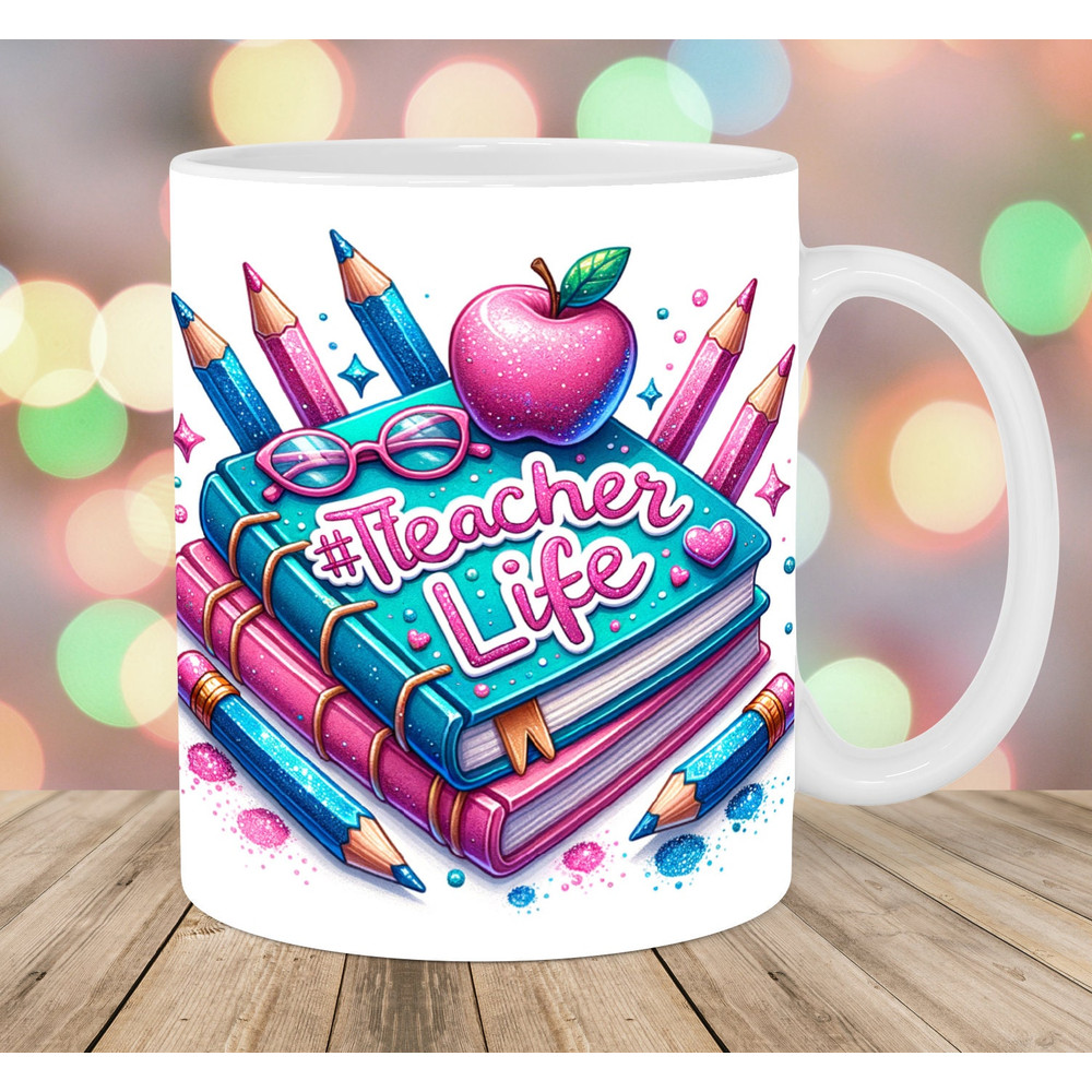 Teacher Life Mug Wrap, 11oz And 15oz Mug Template, Book Mug Sublimation Design, Pencil Mug Wrap Template, Instant Digital Download PNG.jpg
