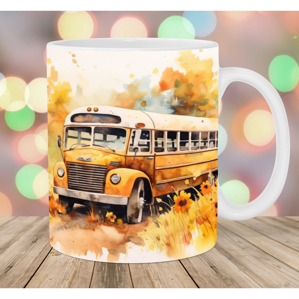 Watercolor School Bus Mug Wrap, 11oz And 15oz Mug Template, Mug Sublimation Design, Mug Wrap Template, Instant Digital Download PNG.jpg