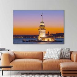 bosphorus maidens tower night light view roll up canvas, stretched canvas art, framed wall art painting