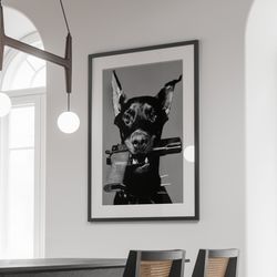 doberman gun poster, black and white fashion photography, luxury wall decor, doberman gifts, dog wall art, home decor, d