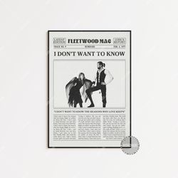 fleetwood mac retro newspaper print, i don't want to know poster, lyric print, fleetwood mac poster, rumours poster, lc