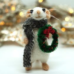 Miniature needle felted mouse with a tiny Christmas wreath