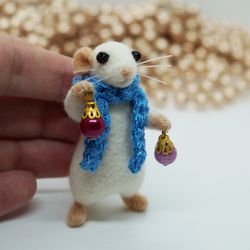 Miniature needle felted mouse with 2 tiny Christmas baubles and in a blue scarf, ooak mouse, white mouse, baby mouse