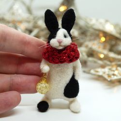 Miniature black and white needle felted rabbit with Christmas bauble, needle felted bunny, Christmas gift