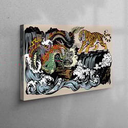 3d canvas, canvas art, wall art, yin yang canvas gift, japanese canvas decor, animal canvas gift, japanese tiger and dra