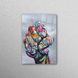 glass art, wall art, wall decoration, fist graffiti printing, inspirational tempered glass, colorful fist glass wall art