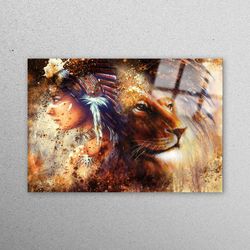 glass art, wall decor, glass, indian tempered glass, indian woman and lion portrait glass wall art, lion portrait wall d