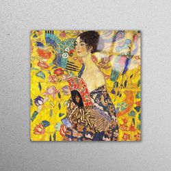glass art, wall decor, mural art, gustav klimt lady with a fan, gustav klimt lady glass art, reproduction glass printing