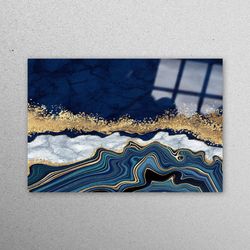 glass printing, glass wall art, tempered glass, blue gold marble canvas, abstract marble glass wall, contemporary glass