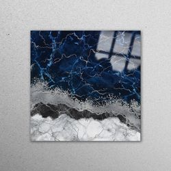 glass printing, glass wall art, tempered glass, contemporary wall decor, blue and silver glass wall art, luxury marble g