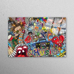 glass printing, glass wall art, tempered glass, music graffiti tempered glass, colorful glass decor, graffiti glass wall