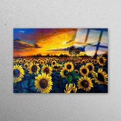 glass art, wall decoration, mural art, sunflower field painting, nature landscape wall decor, sunflower field glass prin