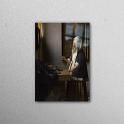 glass wall art, glass wall decor, wall decor, woman holding a balance, famous glass art, woman wall decor, reproduction