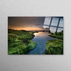 glass wall art, glass, glass printing, landscape tempered glass, green algae tempered glass, sunset landscape glass wall