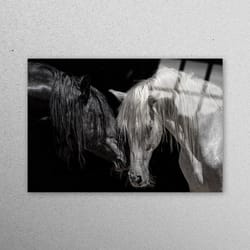 glass wall art, glass, tempered glass, black and white horse, animal wall decor, horse couple glass, horse glass printin