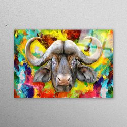 glass wall art, wall decoration, mural art, colorful buffalo, abstract buffalo glass wall art, colorful bull glass decor