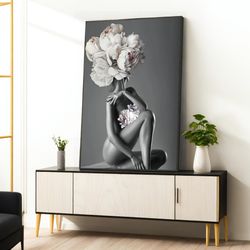 art of naked woman with white rose head, woman canvas painting, nude girl wall art, fashion woman wall art, framed canva