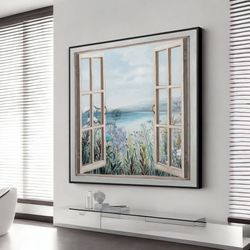 beautiful sunset over sandy path to the sea window view, extra large wall art design, framed canvas ready to hang
