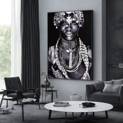black woman canvas print, african woman painting with ethnic woman art, extra large wall art, wall art design, framed ca