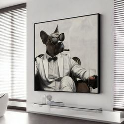 bulldog smoking cigar and resting in a leather chair modern design, animal poster, wall art canvas design, framed canvas