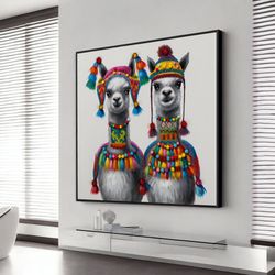 colorful llama art animal print from painting alpaca, extra large wall art, wall art canvas design, framed canvas ready