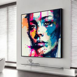 colorful woman graffiti wall art, street canvas print, graffiti wall decor, beauty, wall art canvas design, framed canva