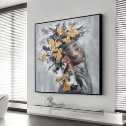 floral head woman canvas, black woman head flowers wall art, extra large wall art, wall art design, framed canvas ready
