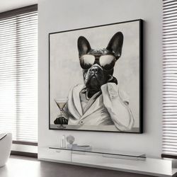 french bulldog with martini wall art, bulldog poster, animal poster, wall art canvas design, framed canvas ready to hang